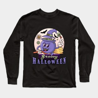 Groovy Halloween. Retro cartoon cauldron with broom flying peacefully Long Sleeve T-Shirt